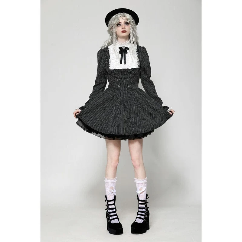 Gothic Lolita Rüschenkleid aus Spitze, kurzes Damenkleid, Abschlusskleid, Schwarz-Weiß