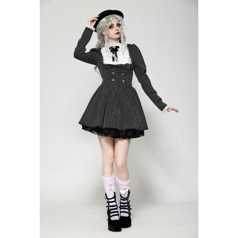 Gothic Lolita Rüschenkleid aus Spitze, kurzes Damenkleid, Abschlusskleid, Schwarz-Weiß