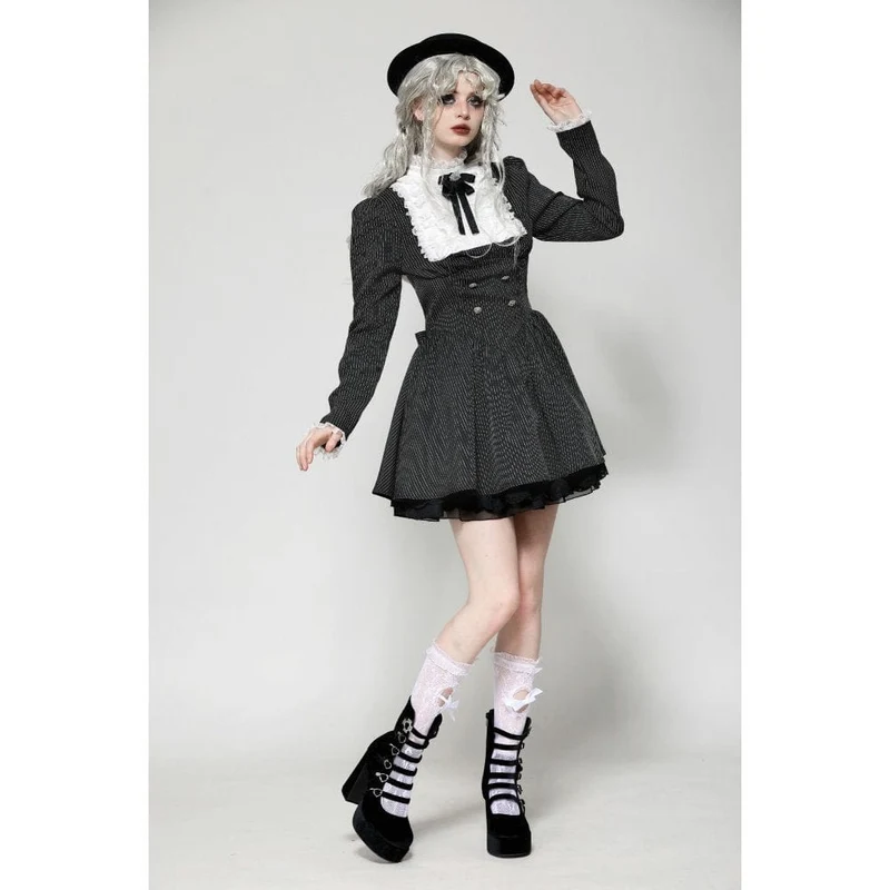 Gothic Lolita Rüschenkleid aus Spitze, kurzes Damenkleid, Abschlusskleid, Schwarz-Weiß
