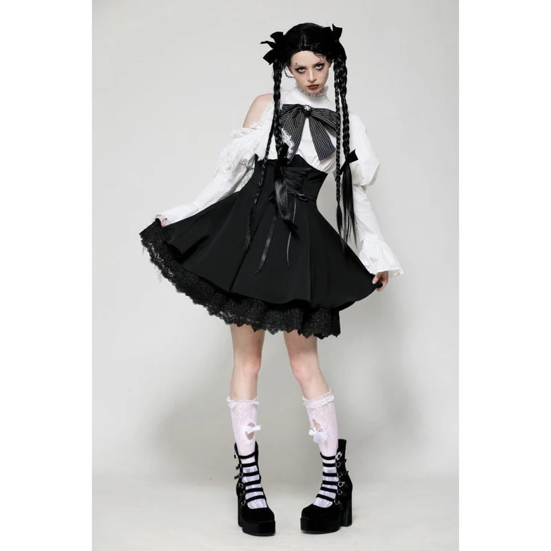 Gothic Lolita-Kleid mit Schleife, kurzes Kleid für Damen, Abschlusskleid, Schwarz-Weiß