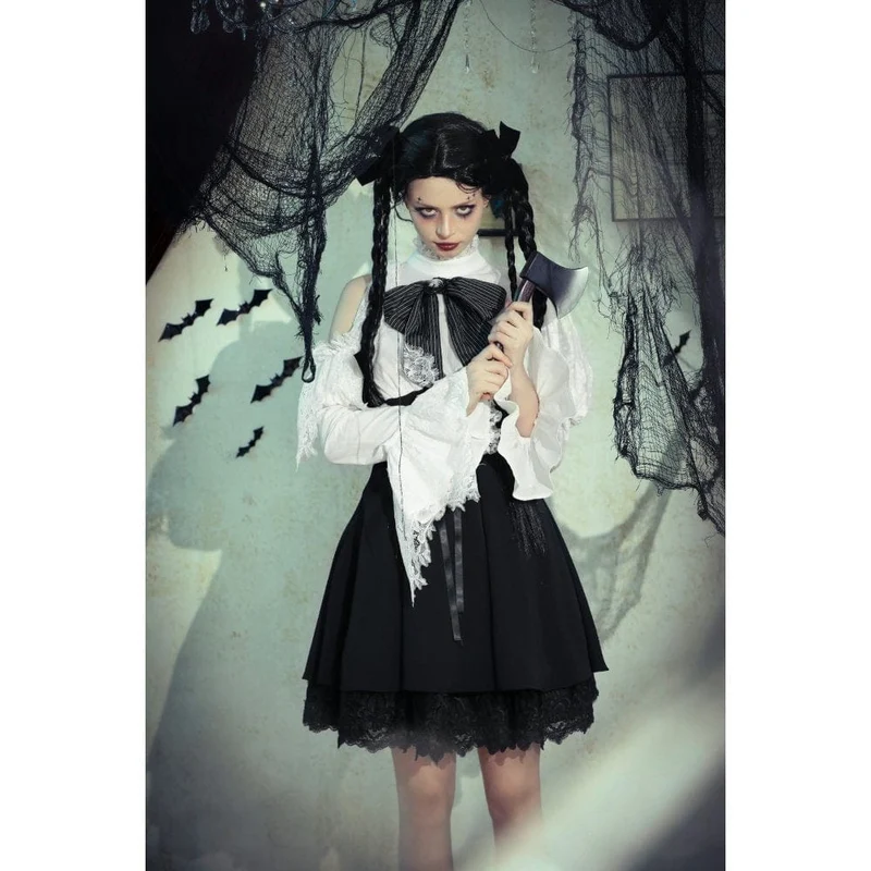 Gothic Lolita-Kleid mit Schleife, kurzes Kleid für Damen, Abschlusskleid, Schwarz-Weiß