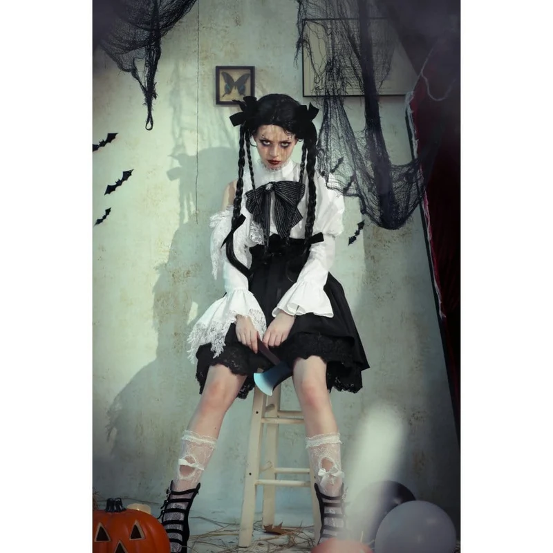 Gothic Lolita-Kleid mit Schleife, kurzes Kleid für Damen, Abschlusskleid, Schwarz-Weiß
