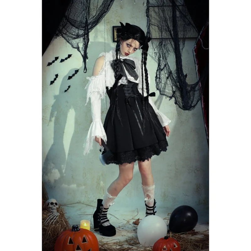 Gothic Lolita-Kleid mit Schleife, kurzes Kleid für Damen, Abschlusskleid, Schwarz-Weiß