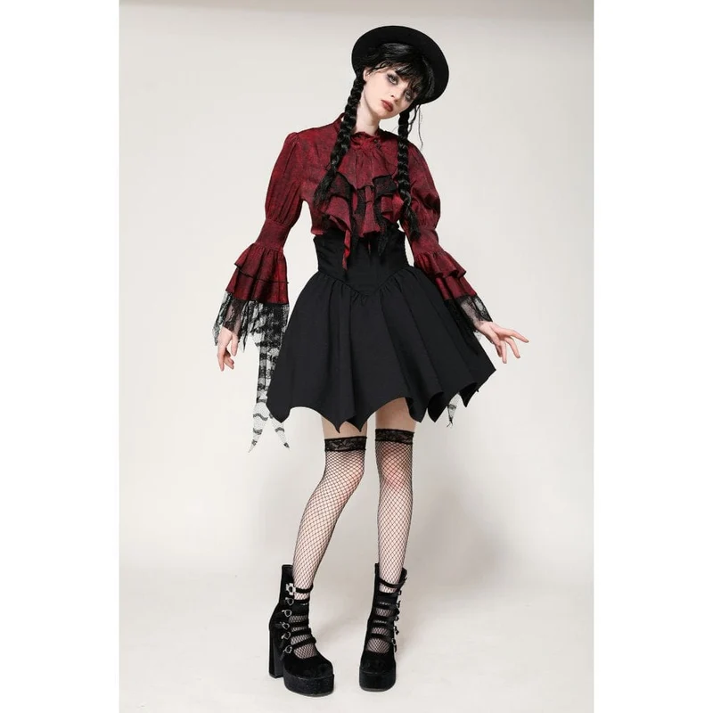 Gothic Rüschen-Spitzen-Langarmshirt für Damen Rot
