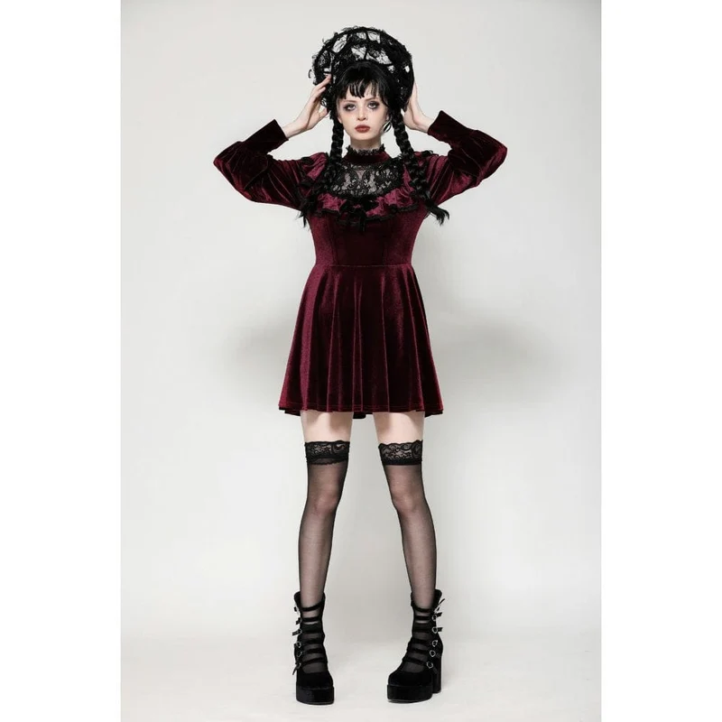 Rotes, gotisches Häkelkleid aus Samt für Damen, Abschlusskleid