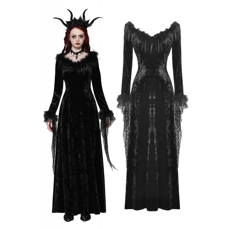 Gothic-Maxikleid aus Samt und Spitze für Damen – Hochzeitskleid