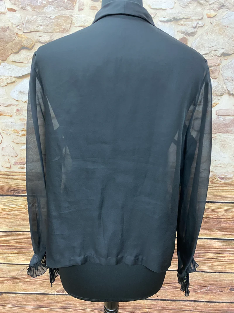 Vintage 1970er Rüschenbluse Schwarz Transparent Gr. 38 Plissee