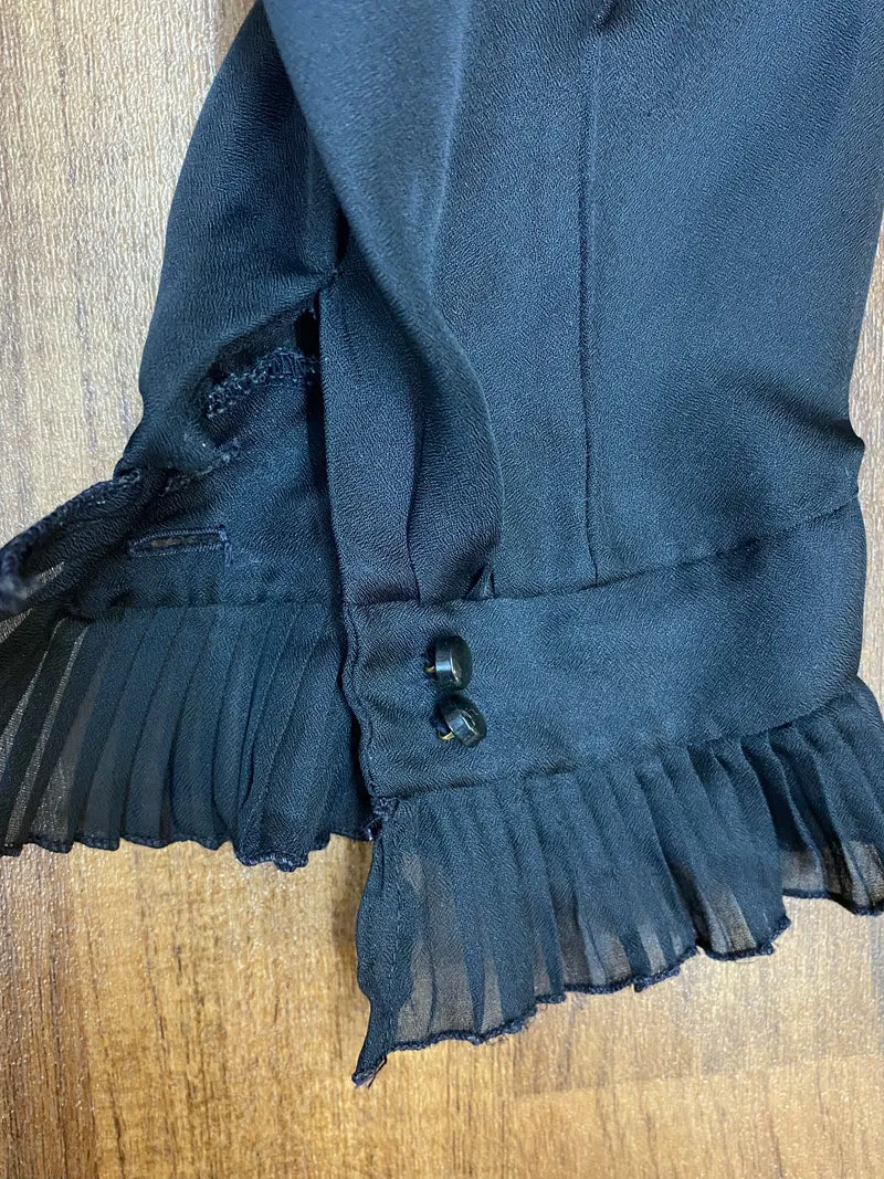 Vintage 1970er Rüschenbluse Schwarz Transparent Gr. 38 Plissee