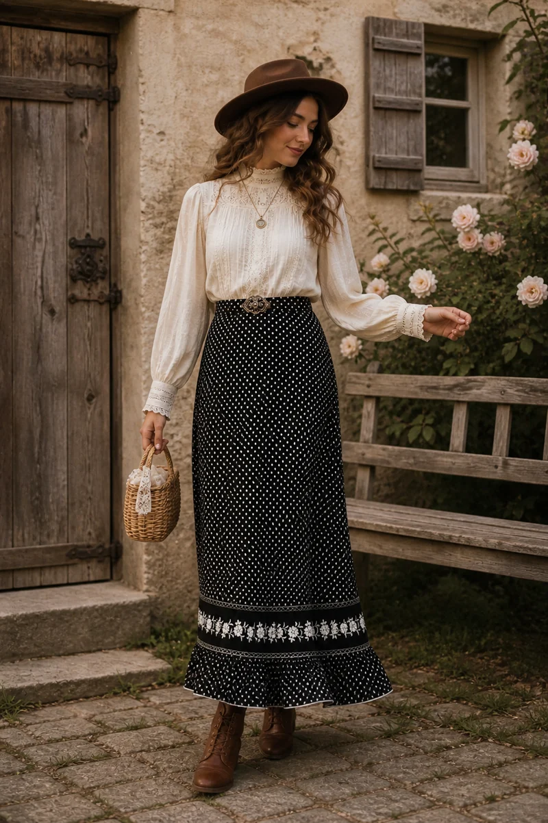 70er Jahre Vintage Boho Maxirock Schwarz Weiß Blümchenprint Gr. 34