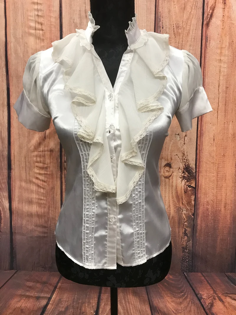 Vintage 1980er Rüschenbluse Satin Elfenbein Gr. 34 Stehkragen