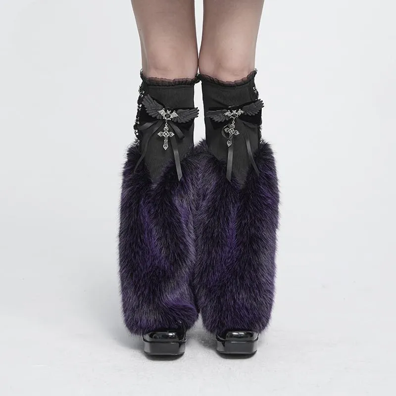 Gothic-Plüsch-Beinstulpen für Damen, schwarz-lila