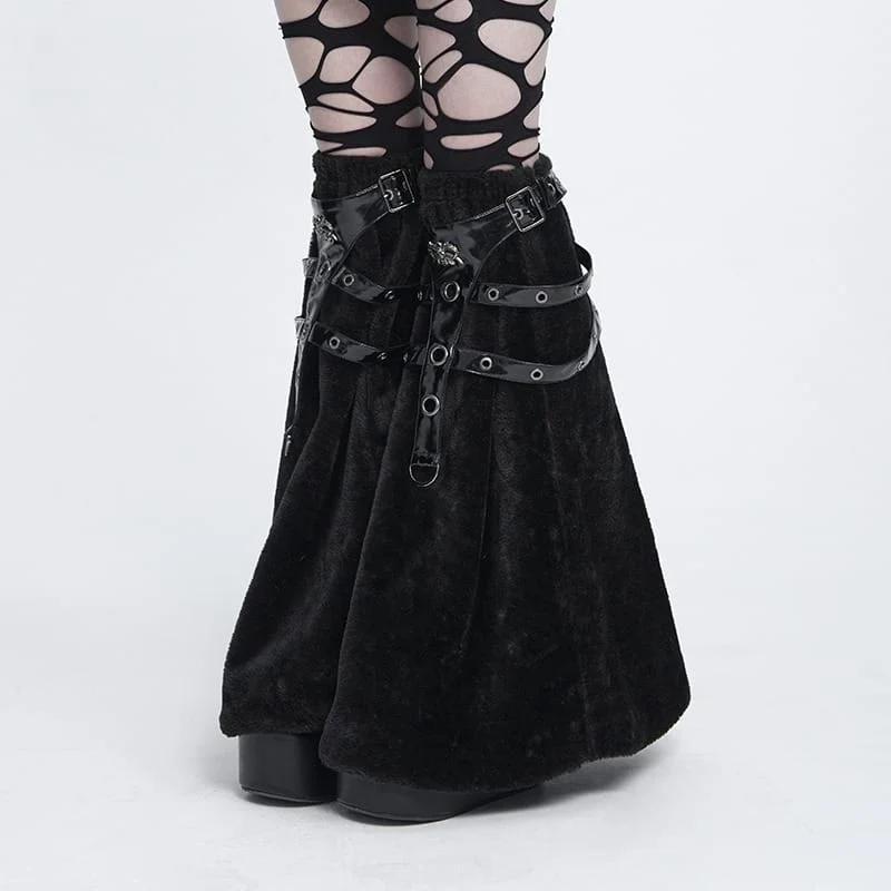Gothic-Plüsch-Beinwärmer für Damen mit Ösenverschluss und Schnallen