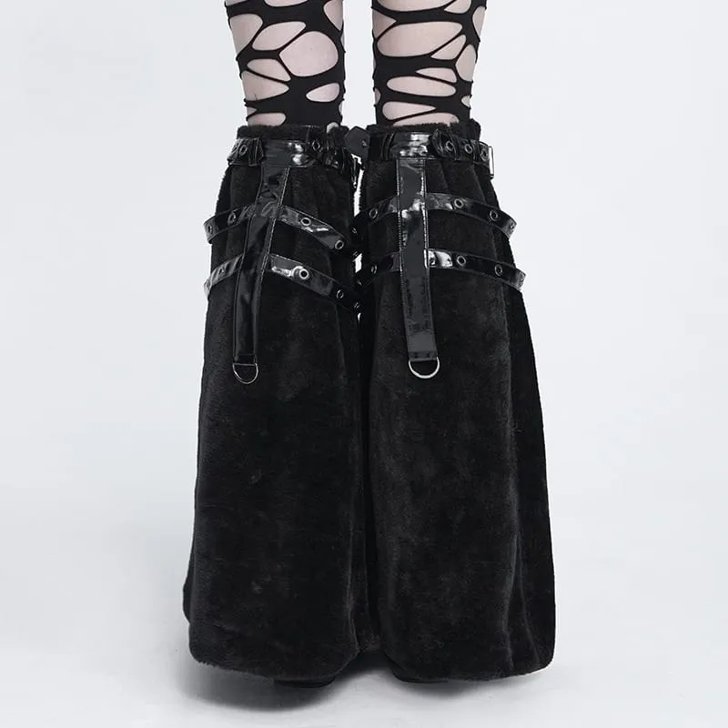 Gothic-Plüsch-Beinwärmer für Damen mit Ösenverschluss und Schnallen