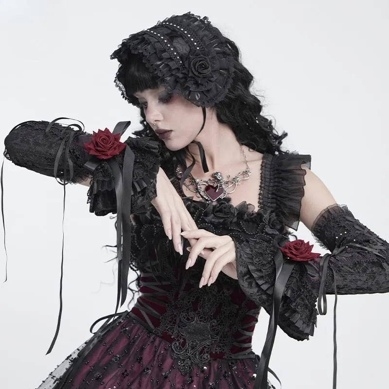 Gothic-Armstulpen für Damen mit Rosen-Schleife und Schnürung, Schwarz-Rot
