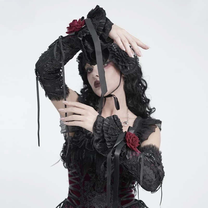 Gothic-Armstulpen für Damen mit Rosen-Schleife und Schnürung, Schwarz-Rot