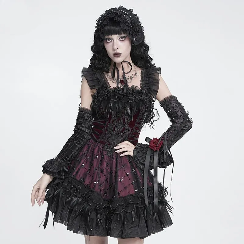 Gothic-Armstulpen für Damen mit Rosen-Schleife und Schnürung, Schwarz-Rot