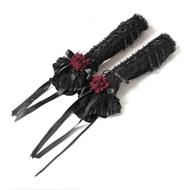 Gothic-Armstulpen für Damen mit Rosen-Schleife und Schnürung, Schwarz-Rot