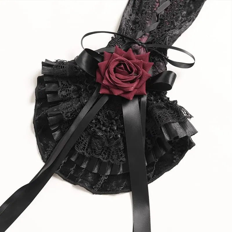 Gothic-Armstulpen für Damen mit Rosen-Schleife und Schnürung, Schwarz-Rot