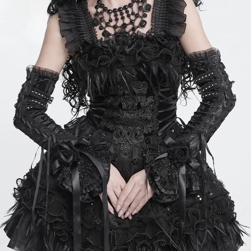 Schwarze Gothic-Armstulpen für Damen mit Rosen-Schleife und Schnürung
