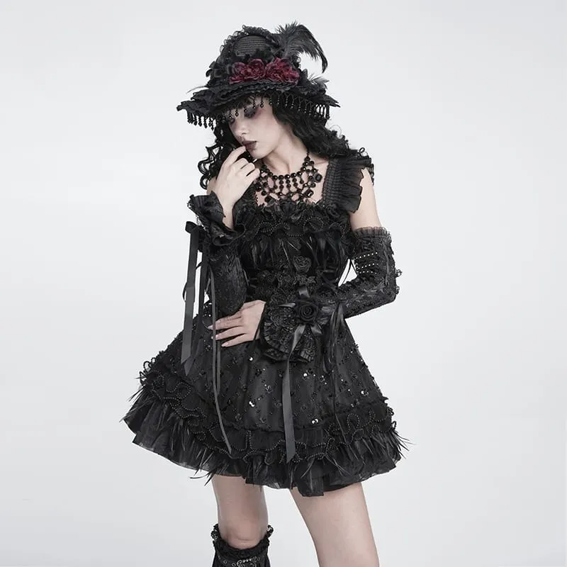 Schwarze Gothic-Armstulpen für Damen mit Rosen-Schleife und Schnürung