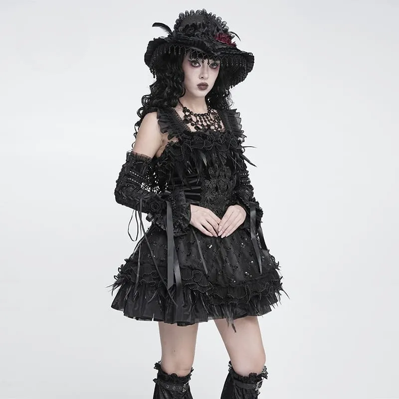 Schwarze Gothic-Armstulpen für Damen mit Rosen-Schleife und Schnürung