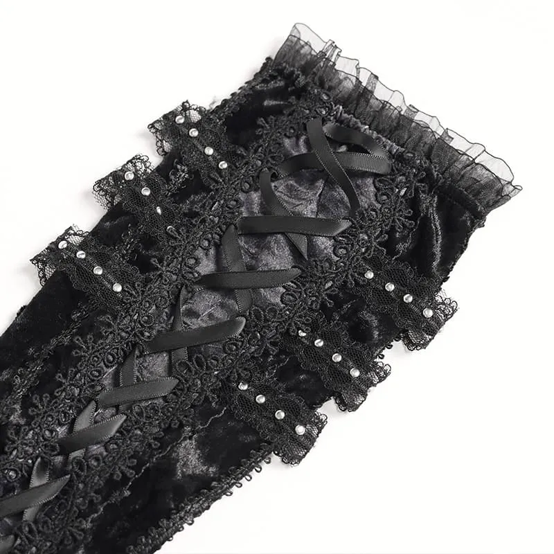 Schwarze Gothic-Armstulpen für Damen mit Rosen-Schleife und Schnürung