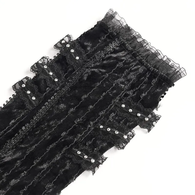 Schwarze Gothic-Armstulpen für Damen mit Rosen-Schleife und Schnürung