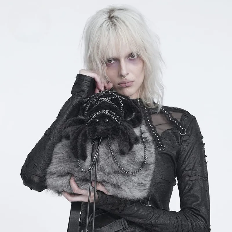 Gothic-Rucksack für Damen mit Spinnenmotiv aus Plüsch, Ketten und grau-schwarz