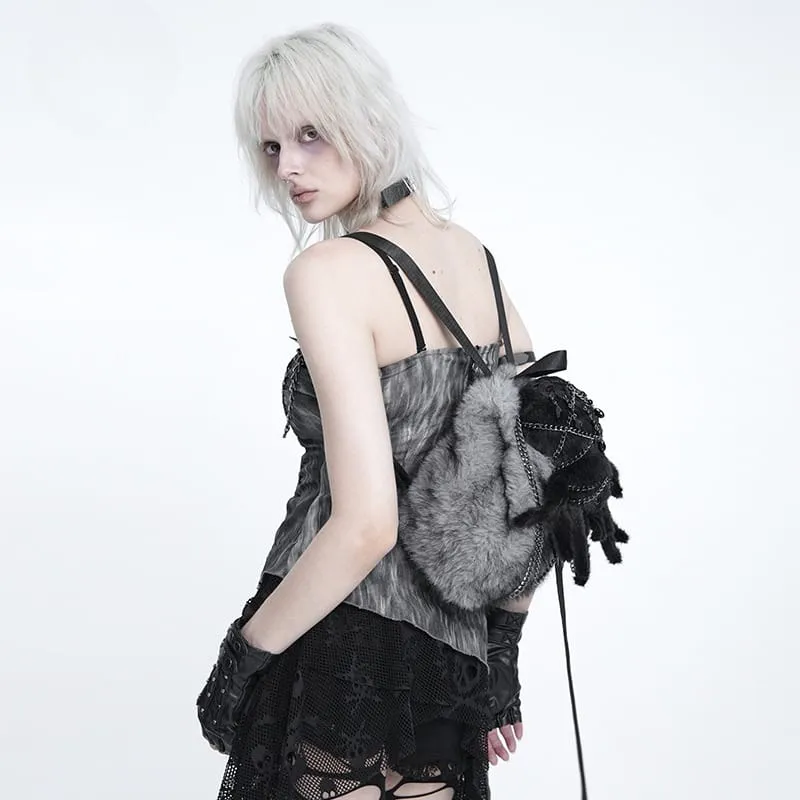 Gothic-Rucksack für Damen mit Spinnenmotiv aus Plüsch, Ketten und grau-schwarz