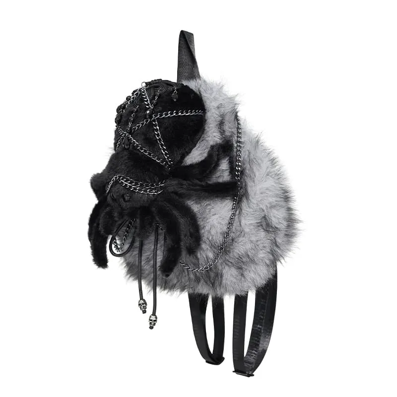 Gothic-Rucksack für Damen mit Spinnenmotiv aus Plüsch, Ketten und grau-schwarz