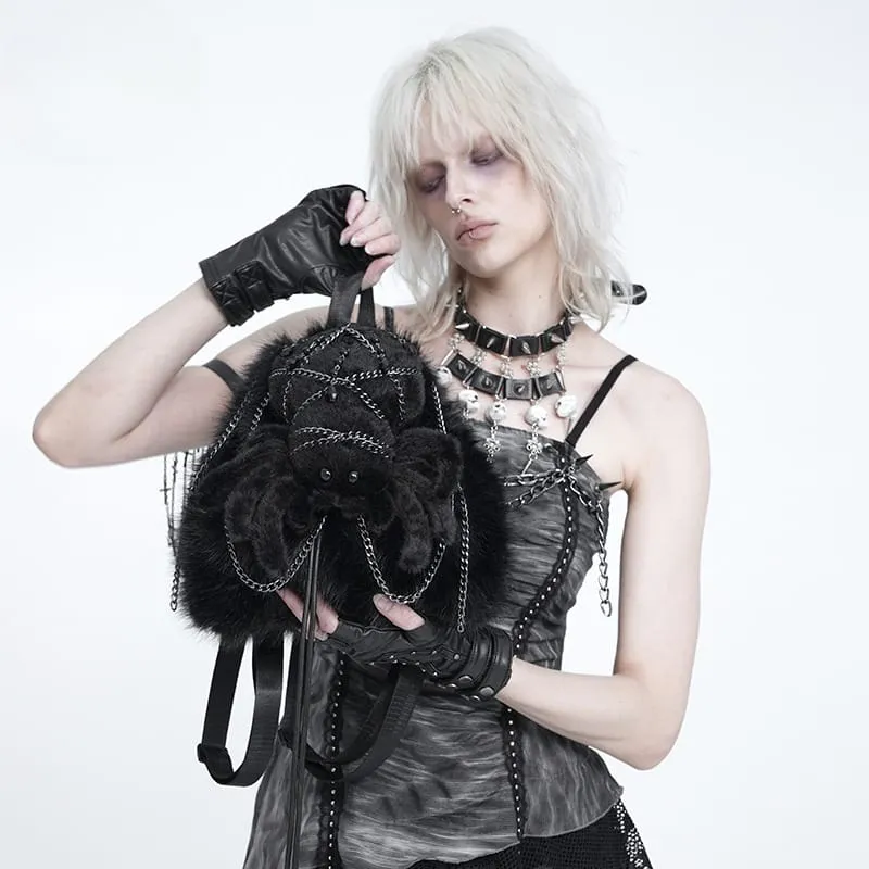 Schwarzer Gothic-Rucksack für Damen mit Plüschketten und Spinnenmotiv