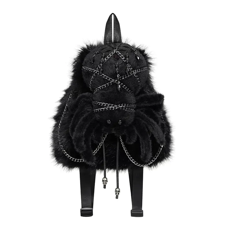Schwarzer Gothic-Rucksack für Damen mit Plüschketten und Spinnenmotiv