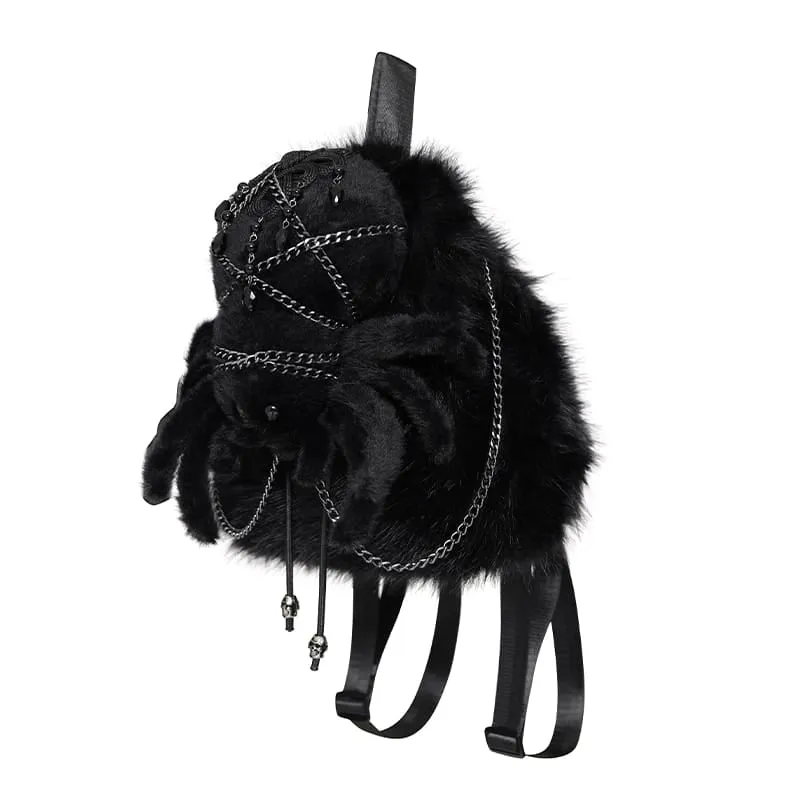 Schwarzer Gothic-Rucksack für Damen mit Plüschketten und Spinnenmotiv