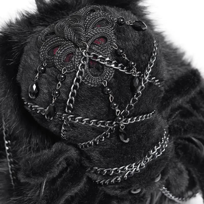 Schwarzer Gothic-Rucksack für Damen mit Plüschketten und Spinnenmotiv