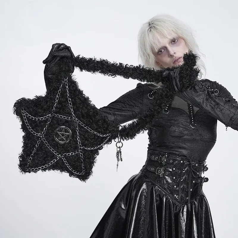 Gothic Plüsch-Umhängetasche mit Pentagramm und Kette für Damen