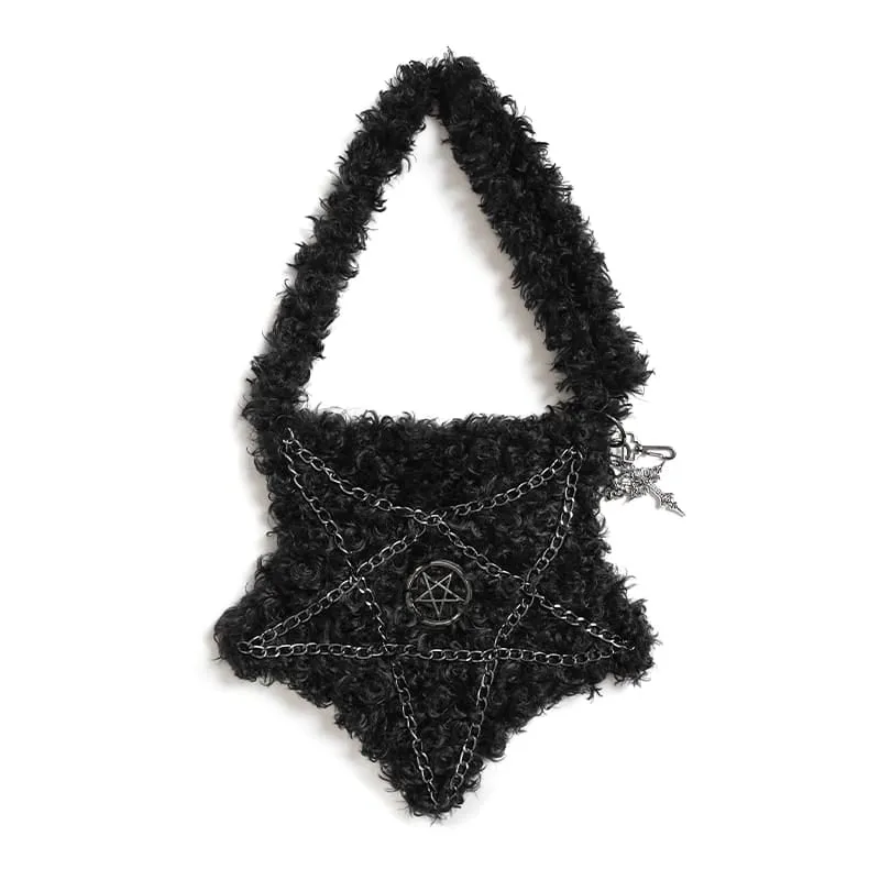 Gothic Plüsch-Umhängetasche mit Pentagramm und Kette für Damen
