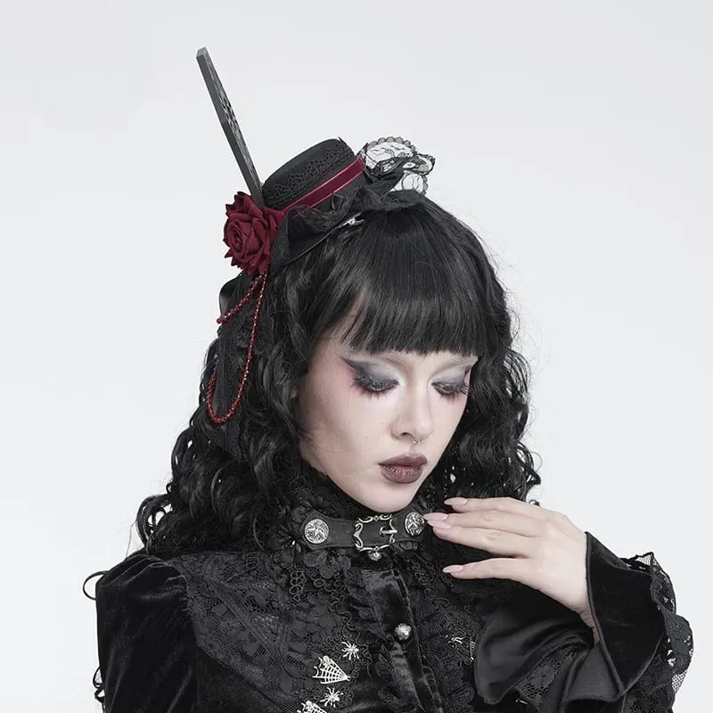 Gothic-Mini-Zylinder mit Rosen-Tüllschleier und Perlenbesatz für Damen