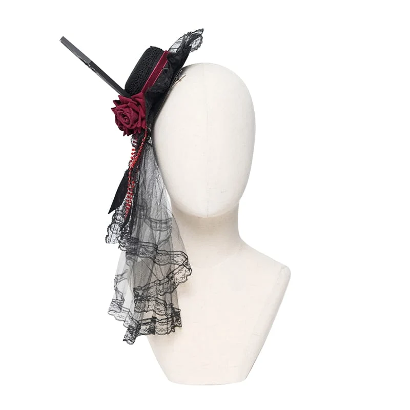 Gothic-Mini-Zylinder mit Rosen-Tüllschleier und Perlenbesatz für Damen
