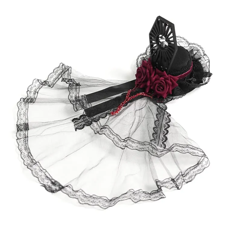 Gothic-Mini-Zylinder mit Rosen-Tüllschleier und Perlenbesatz für Damen
