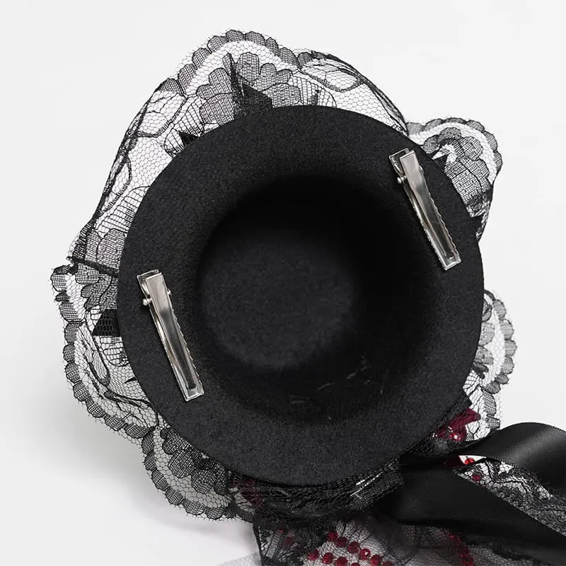 Gothic-Mini-Zylinder mit Rosen-Tüllschleier und Perlenbesatz für Damen