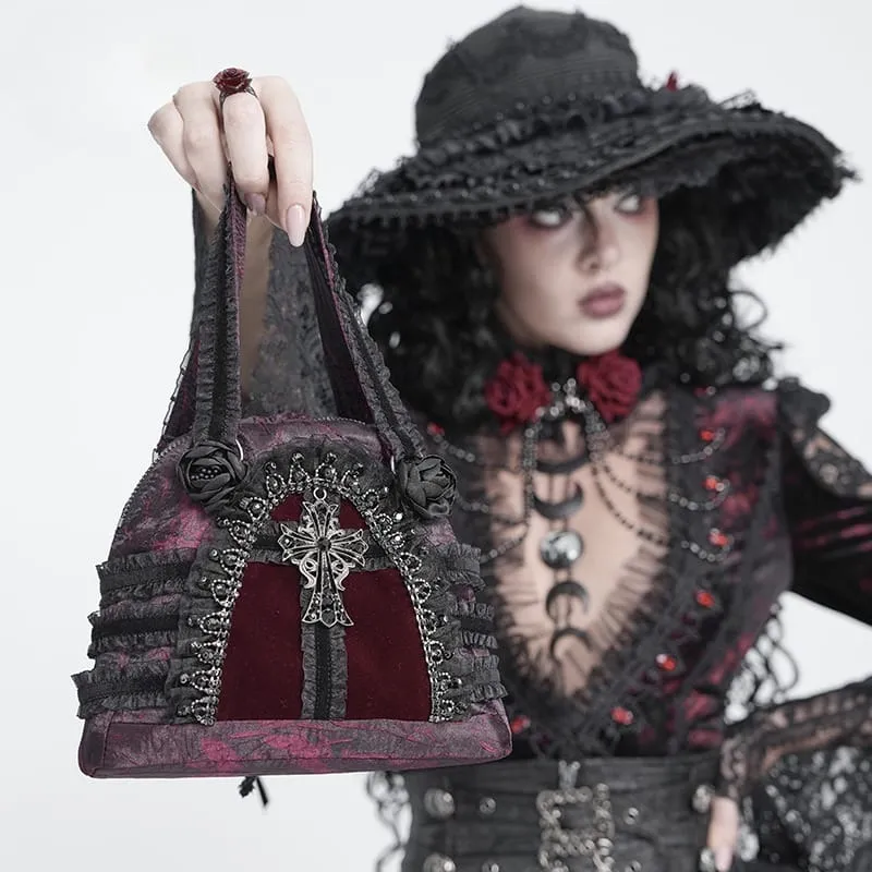 Gothic-Tasche für Damen mit Rosenkreuz und Spitzenbesatz, schwarz-rot