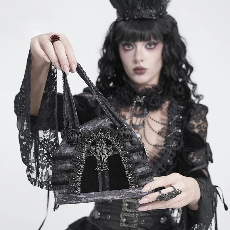 Gothic-Tasche für Damen mit Rosenkreuz und Spitzenbesatz, Grau-Schwarz