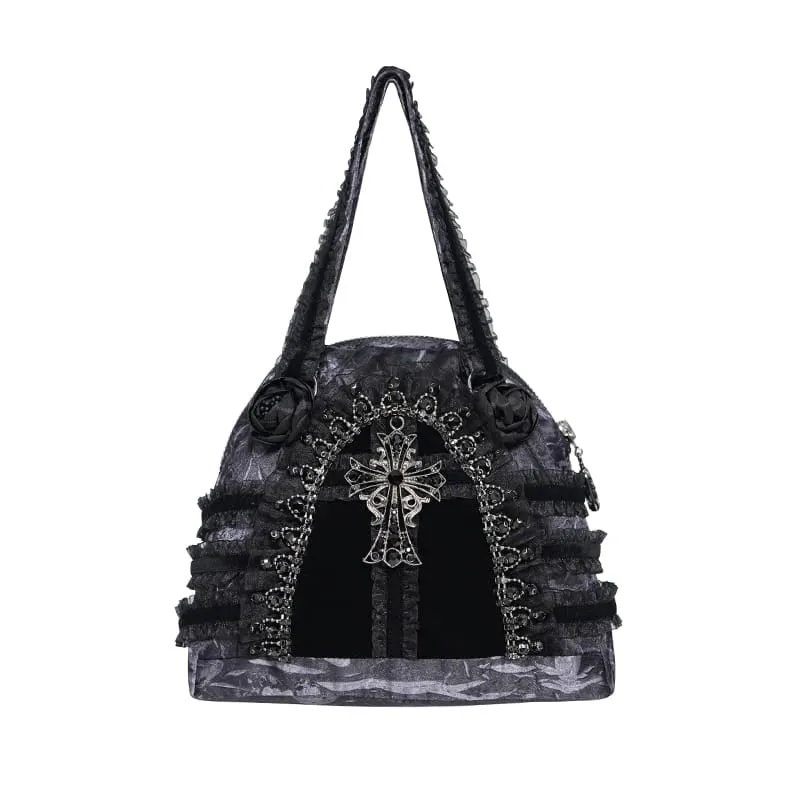 Gothic-Tasche für Damen mit Rosenkreuz und Spitzenbesatz, Grau-Schwarz