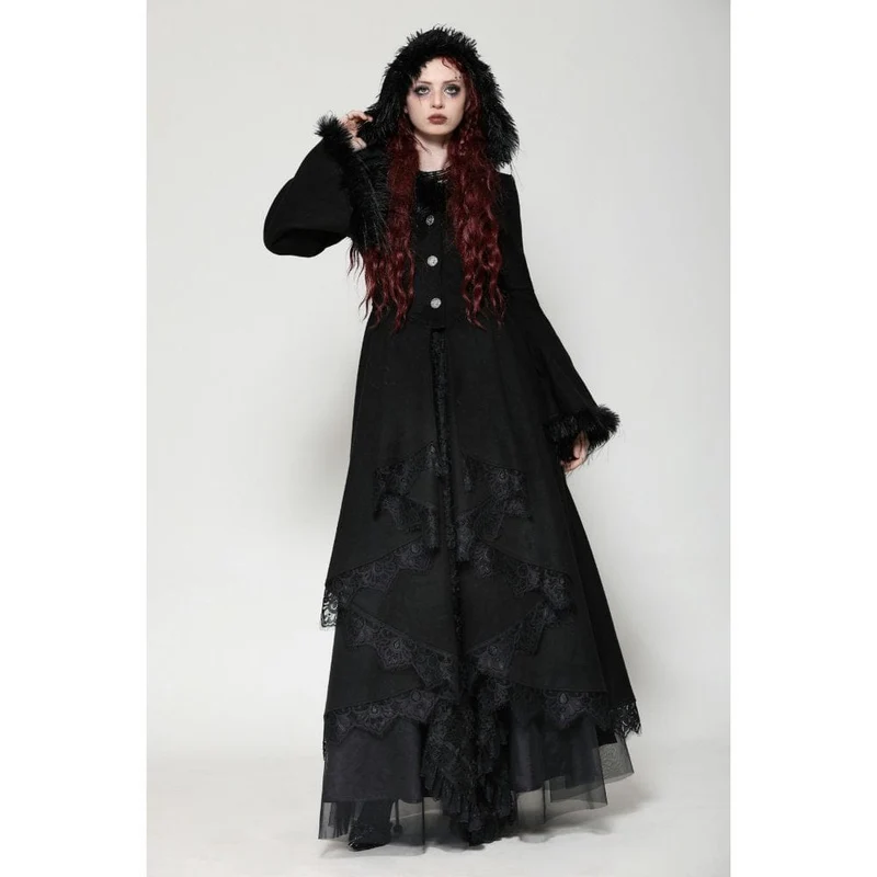 Romantischer Gothic-Mantel mit Spitzenknöpfen und Kapuze für Damen