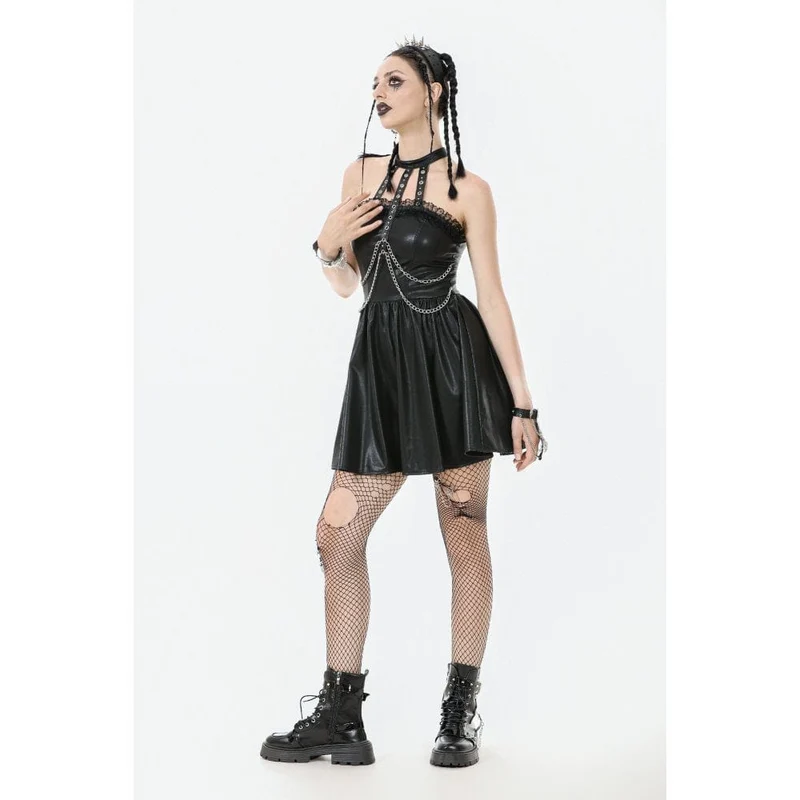 Damen Punk Metallkette Kunstleder Neckholderkleid