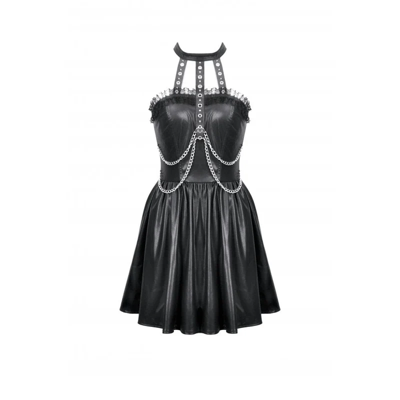 Damen Punk Metallkette Kunstleder Neckholderkleid