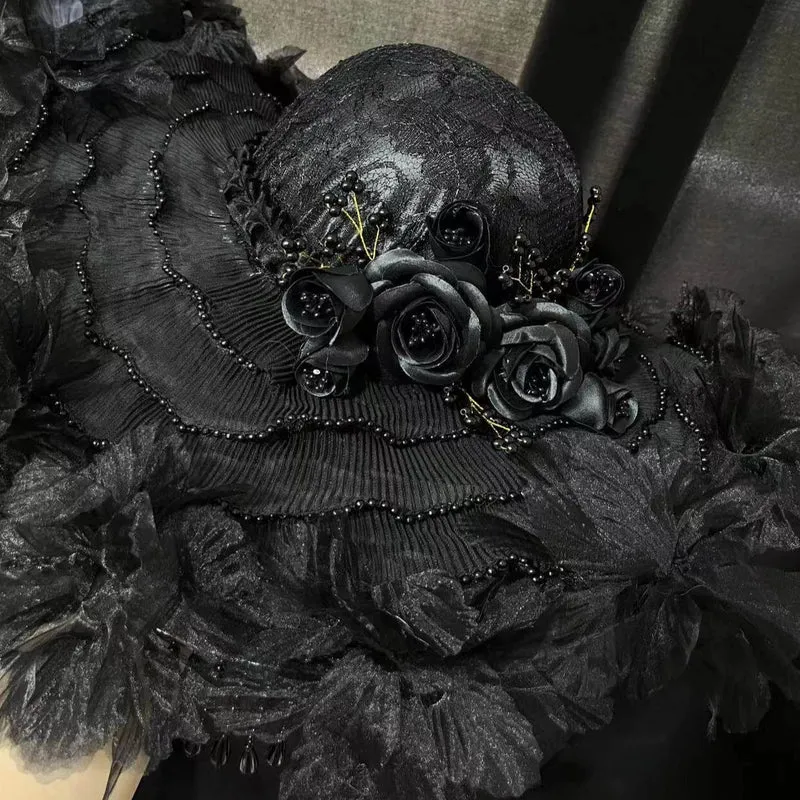 Gothic-Hut aus Organza mit Blumenmuster und breiter Krempe für Damen