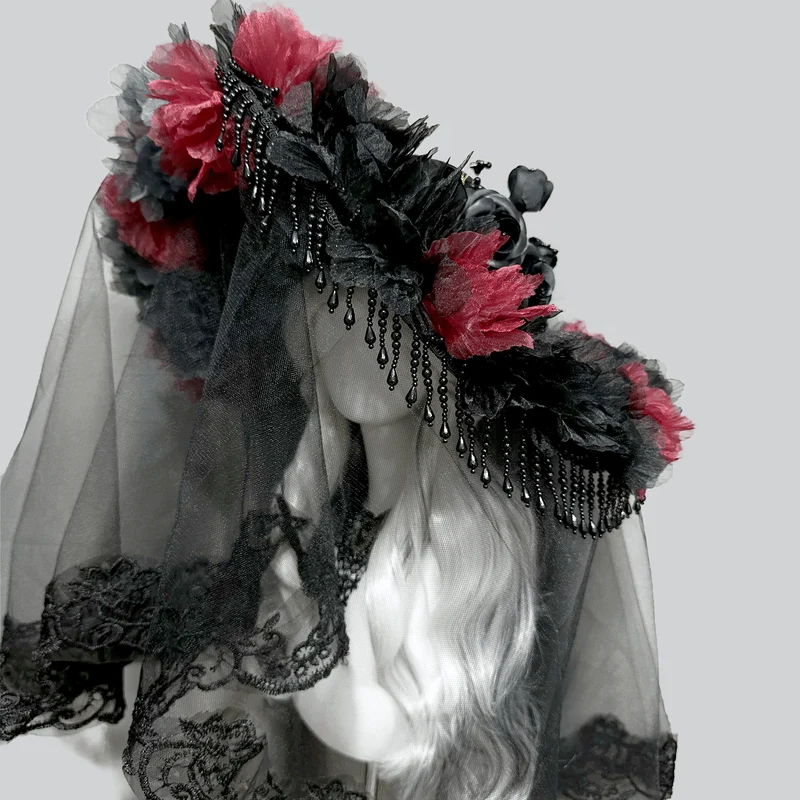 Gothic-Hut aus Organza mit Blumenmuster, Quasten und breiter Krempe mit Schleier für Damen