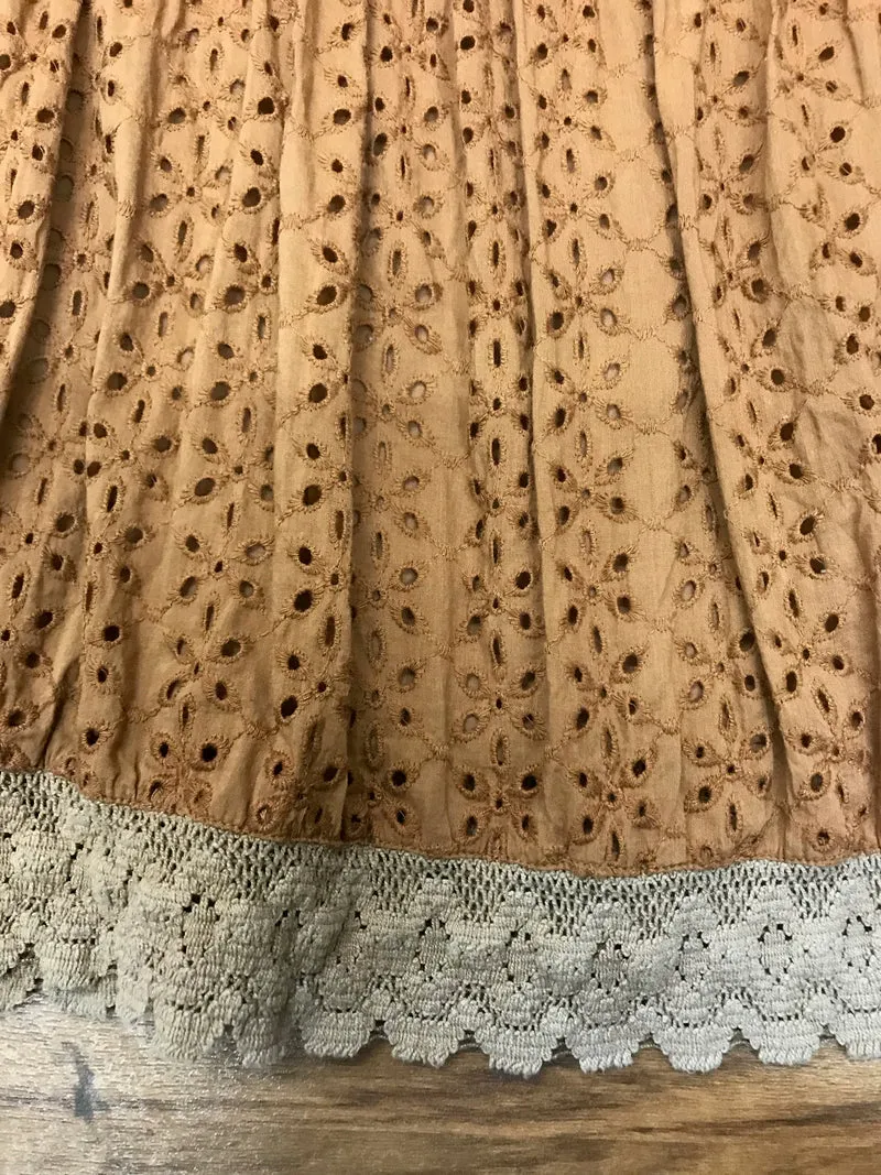 Vintage Stufenrock Baumwolle Größe 40 – Boho Rock mit Spitze & Lochstickerei