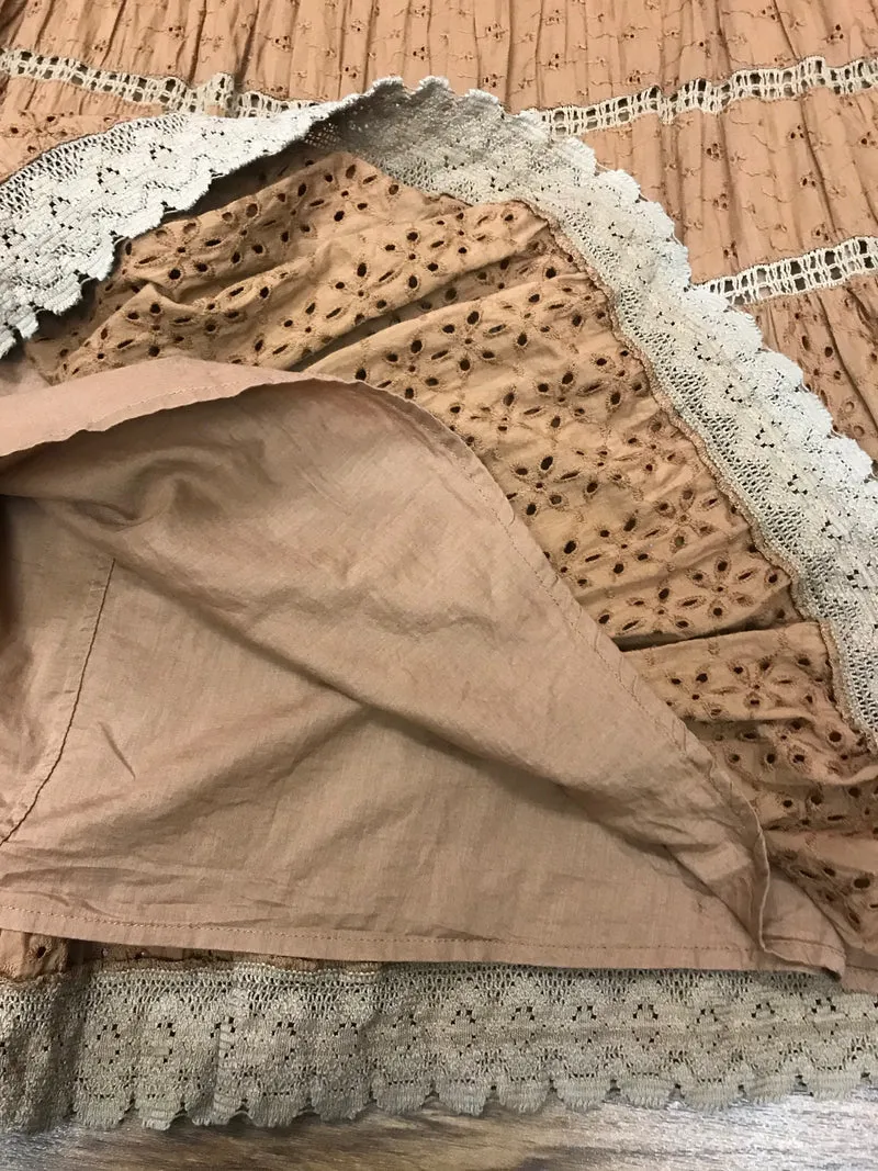 Vintage Stufenrock Baumwolle Größe 40 – Boho Rock mit Spitze & Lochstickerei